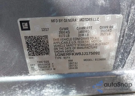 2018 Chevrolet Traverse Ls z USA, uszkodzony, nr VIN 1GNERFKW9JJ175091